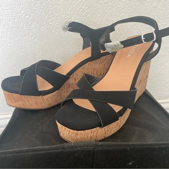 Top Moda Sandals Womens 7.5 Ankle Straps Black Suede Wedge Cork Heels - Picture 1 of 6